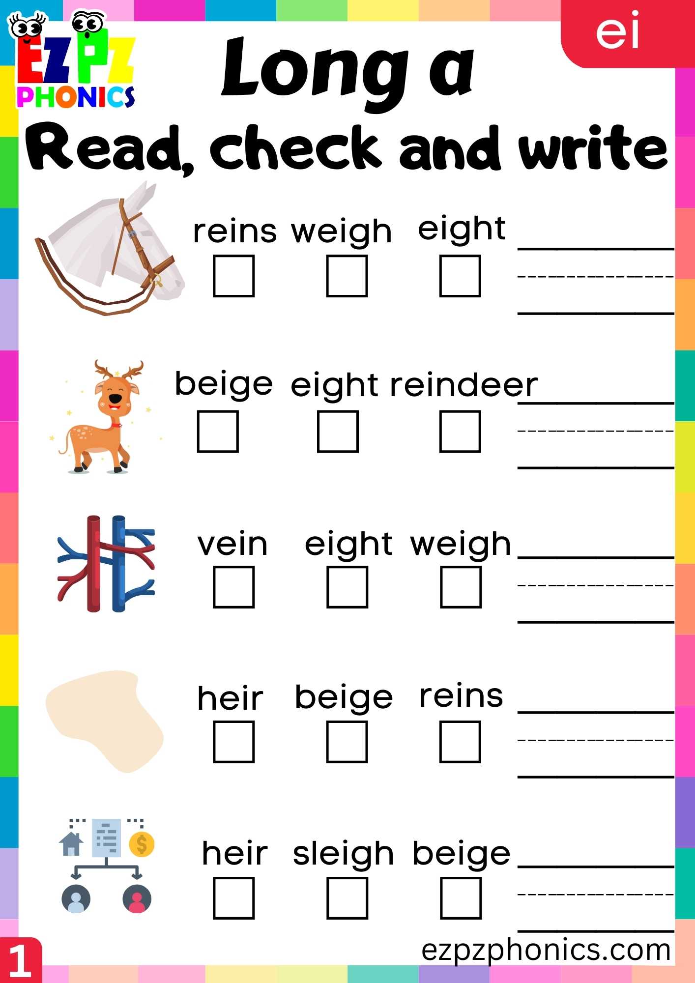 EI Words Read, Check And Write Long A Phonics Worksheet